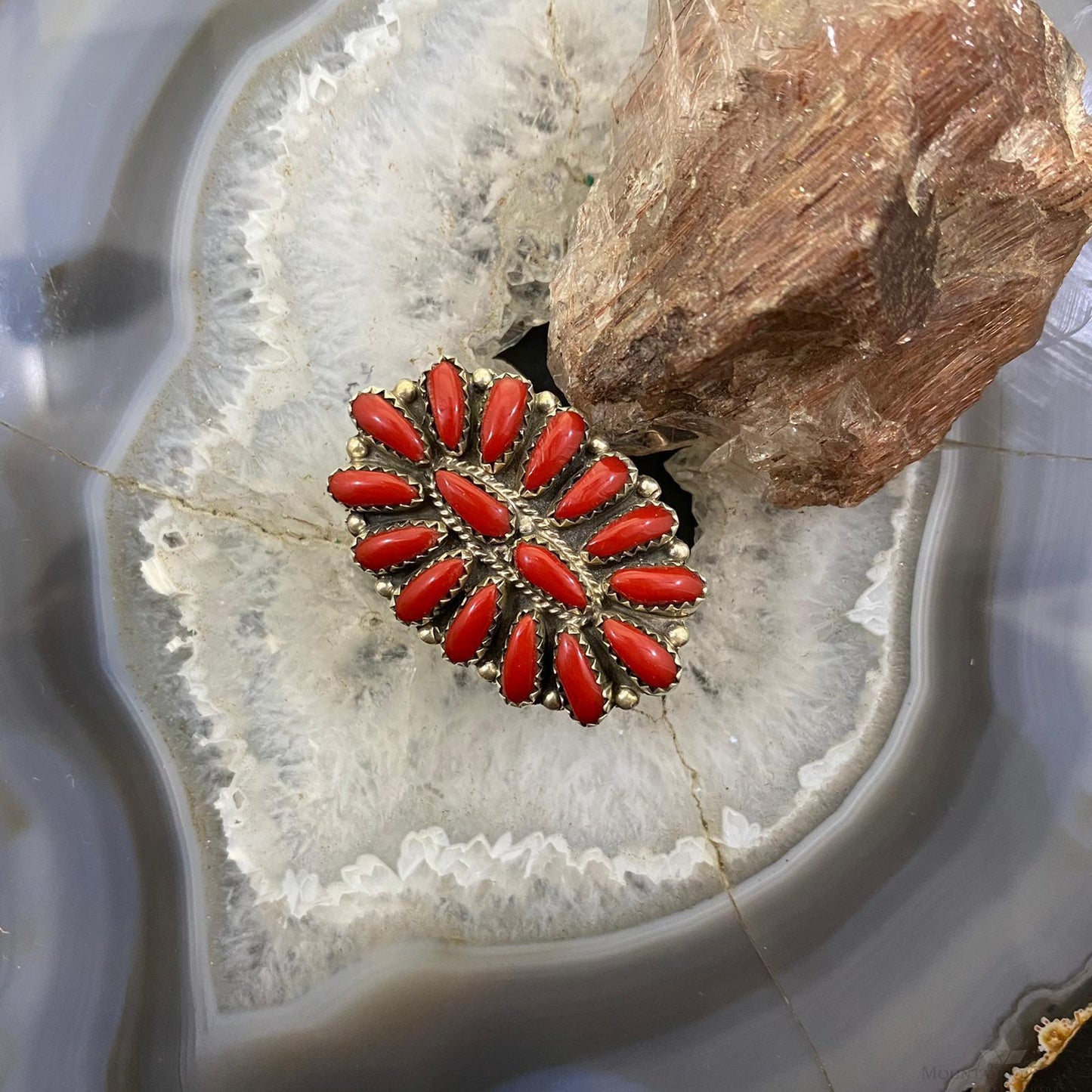 P. Jones Native American Sterling Silver Coral Cluster Ring Sz 8.5 and 8.75 - Mountain Of Jewels