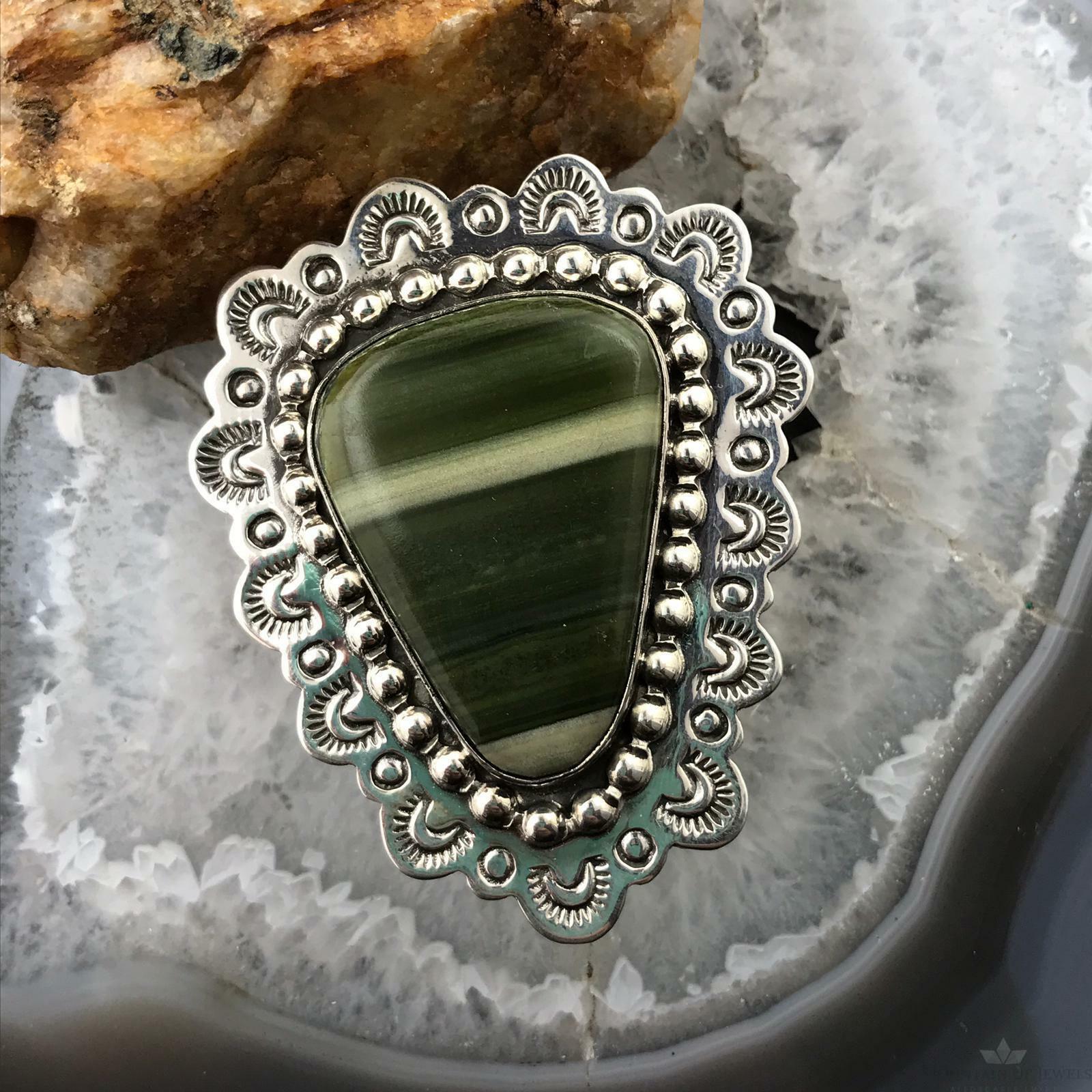 Sterling Silver Green Agate Ring Size 7.5 For Women Signed K.R.Z Native American - Mountain of Jewels