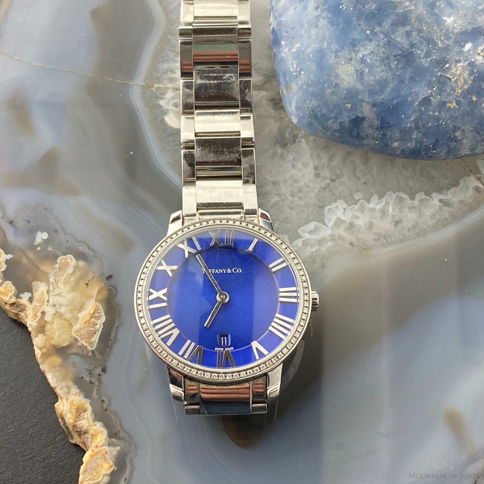 Tiffany & Co Ladies Atlas 2-Hand Blue 31mm Diamond Quartz Steel Watch - Mountain of Jewels