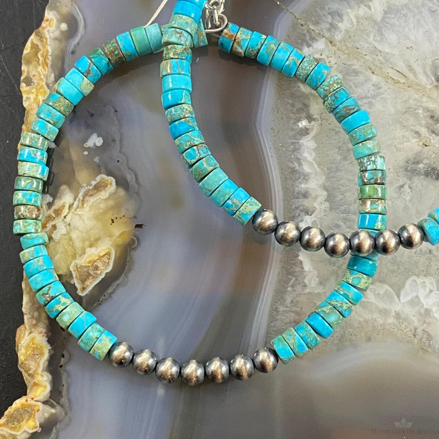 Turquoise Beads 4.5 mm & 4mm Navajo Pearl Beads Hoop Dangle Earrings - Mountain of Jewels