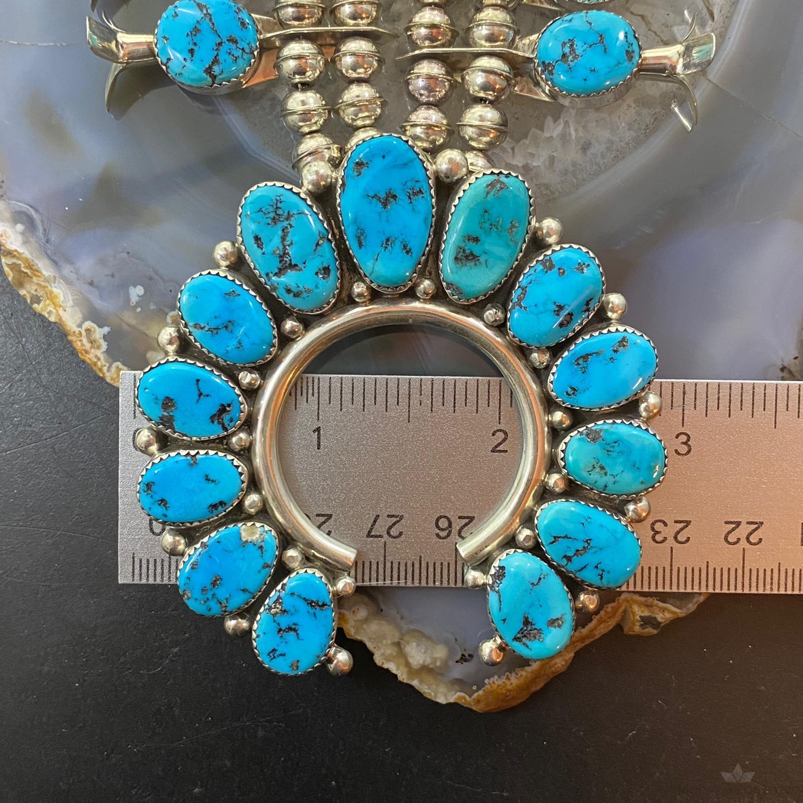 Vintage Signed Native American Rough Turquoise Sterling Silver Squash Blossom - Mountain Of Jewels