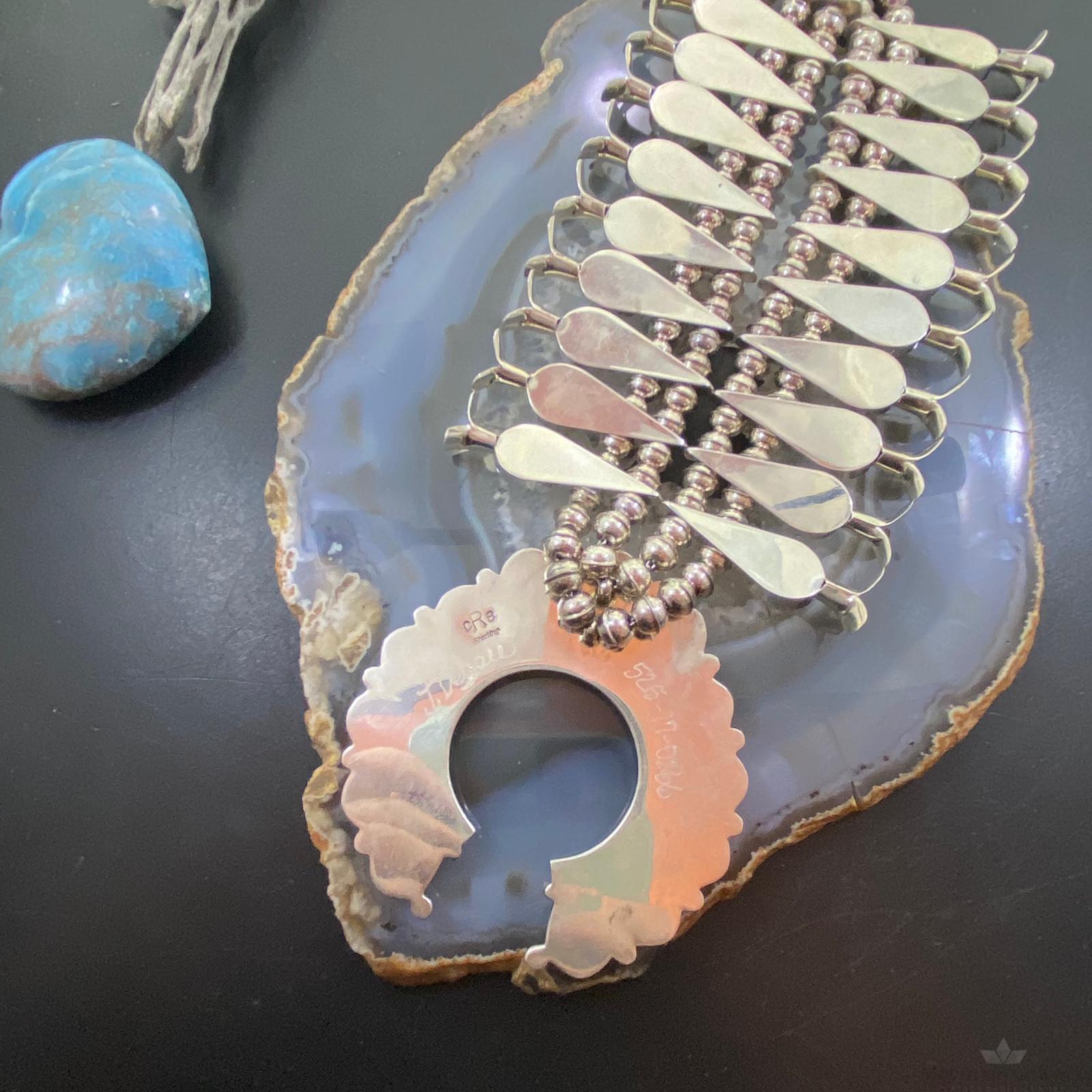 Vintage Signed Native American Rough Turquoise Sterling Silver Squash Blossom - Mountain Of Jewels