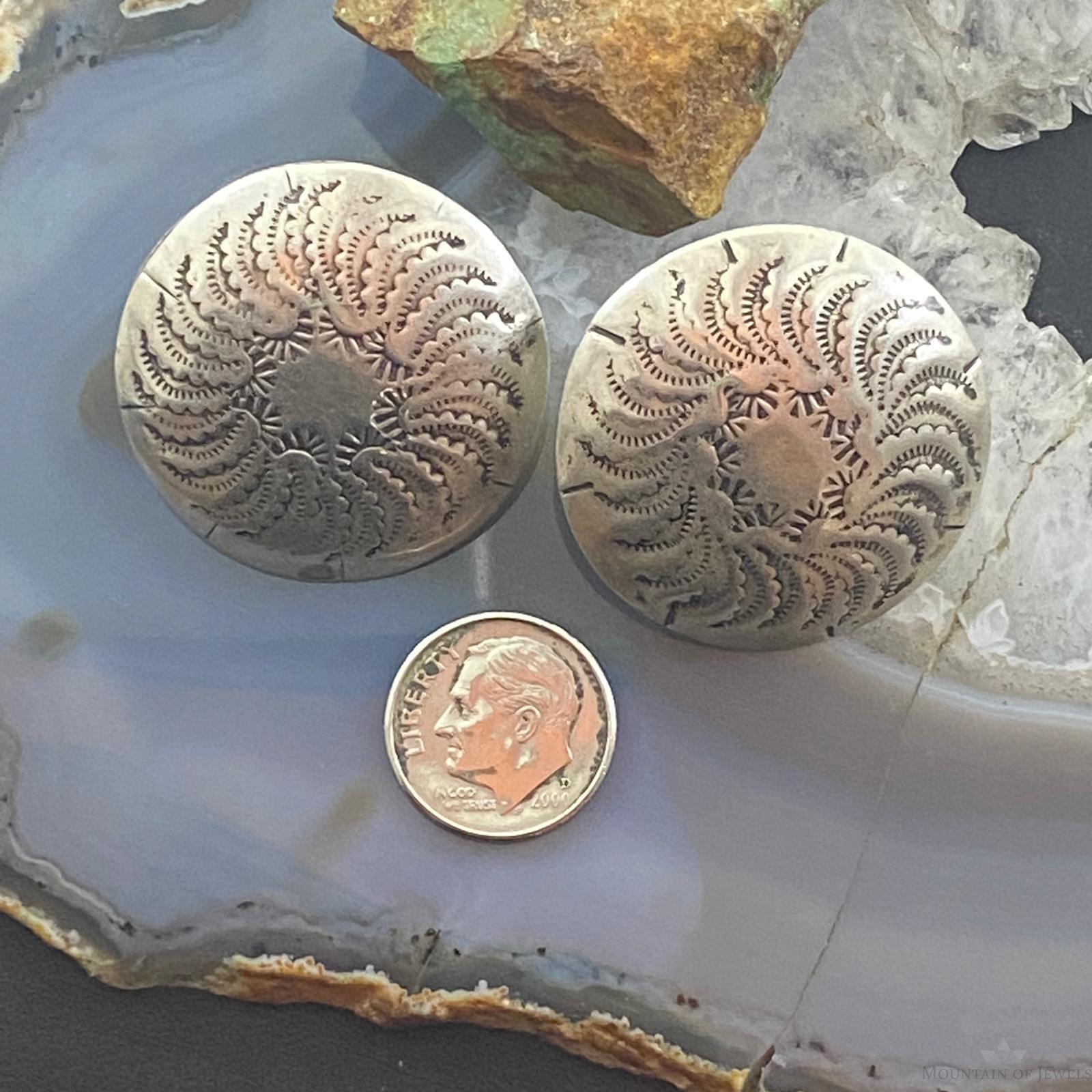 Vintage Signed Native American Silver Stamped Hollow Round Stud Earrings - Mountain of Jewels