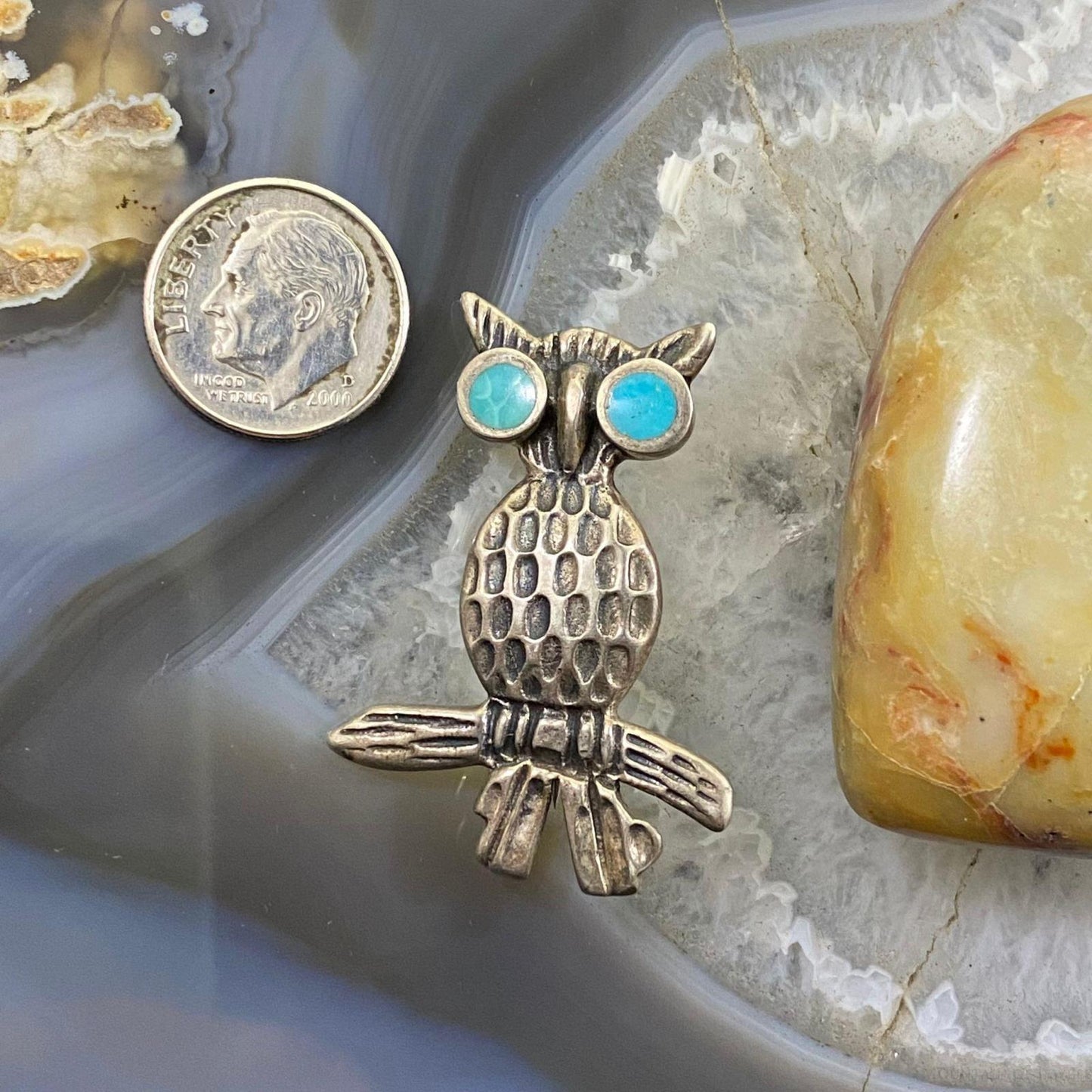 Vintage Silver Owl w/Turquoise Unisex Brooch - Mountain of Jewels